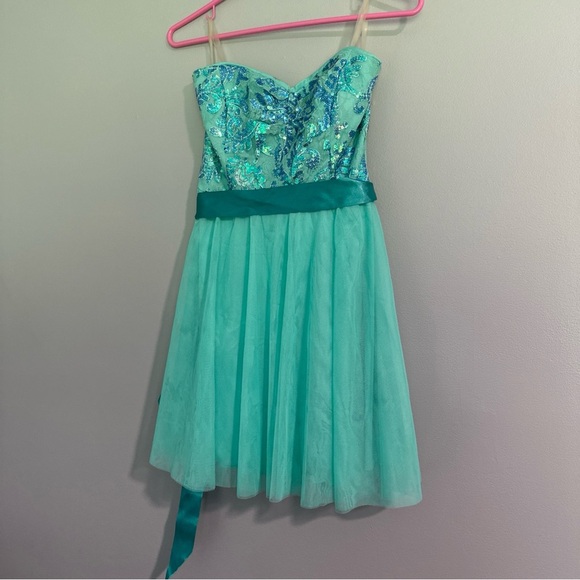 Y2K Teeze Me Dress Strapless Teal Sequined 2000s Lined Size 5 - Picture 1 of 7